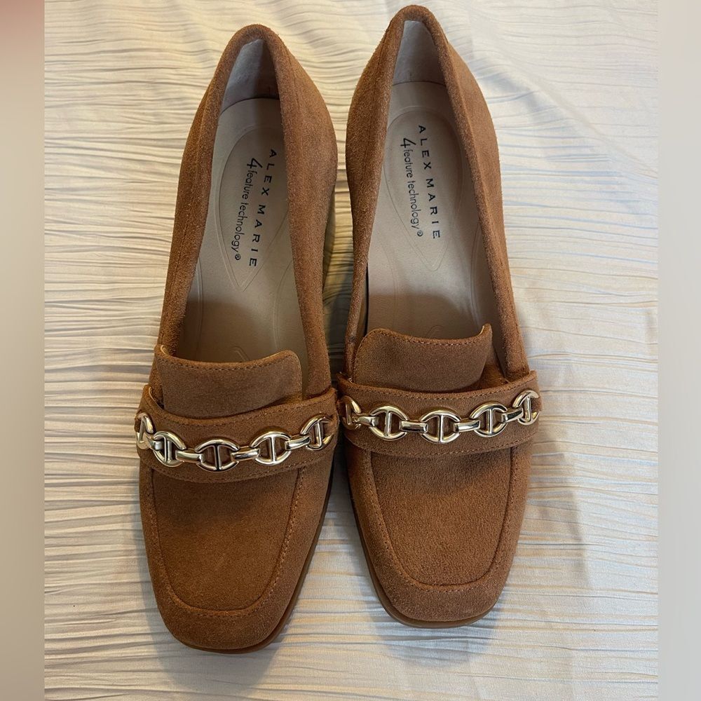 Alex Marie Farin suede heeled loafers brown tan‎ with gold size 7